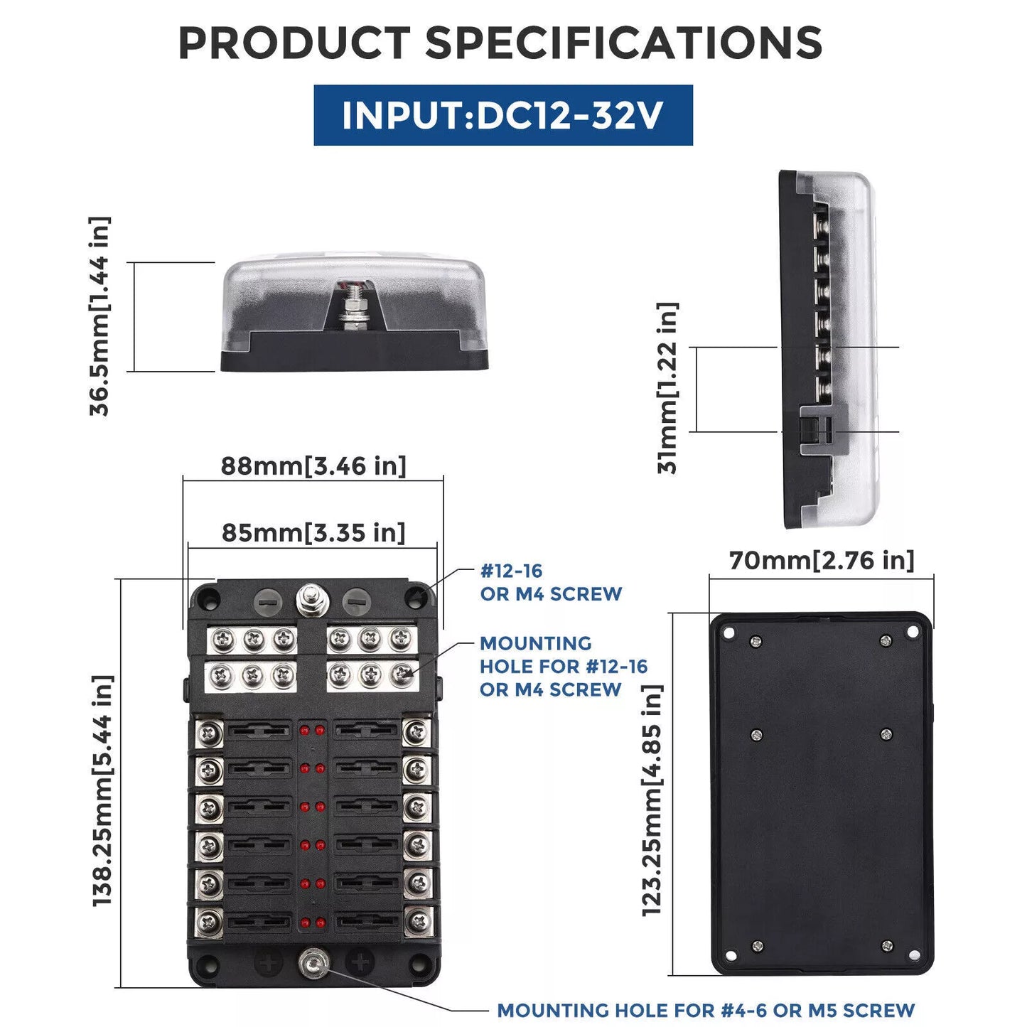 Healthadss ™ 12-Way Blade Fuse Box Block Holder LED Indicator 12V 32V Auto Marine Waterproof