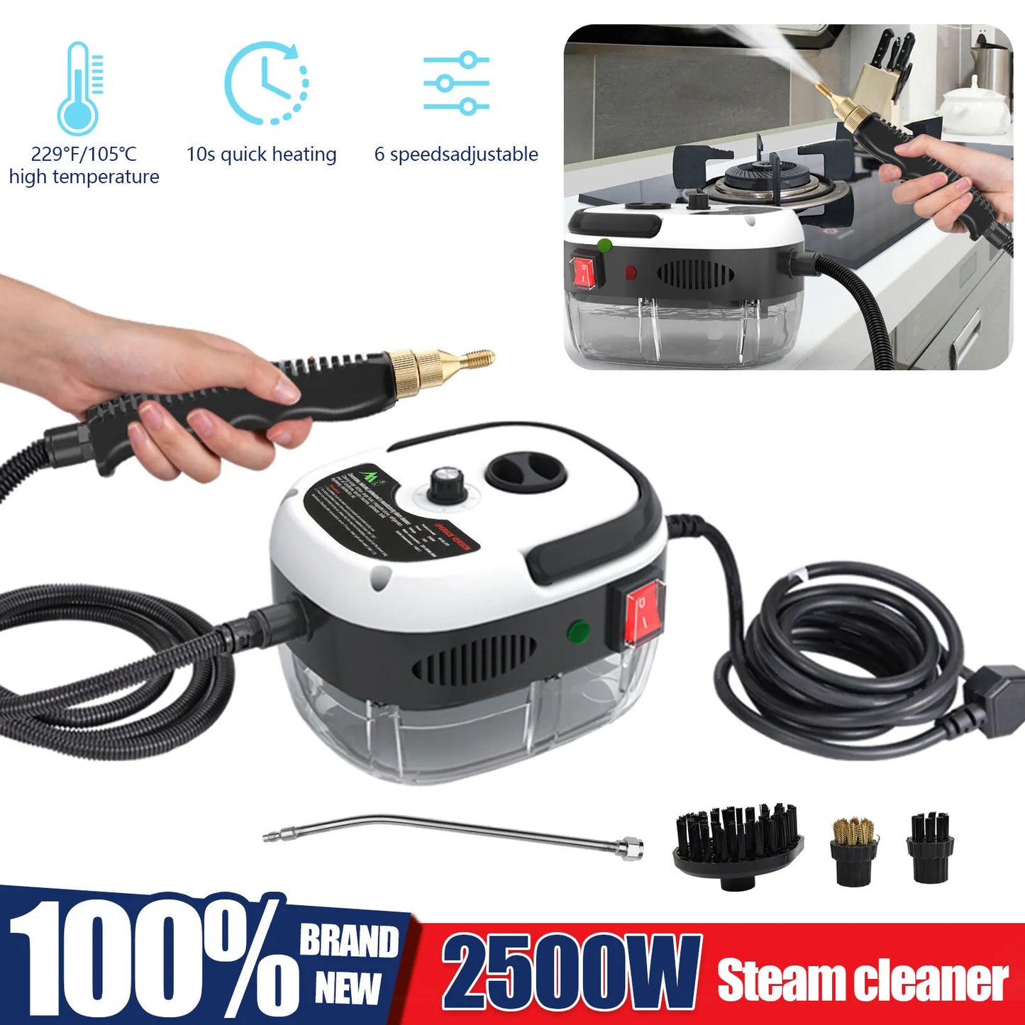 Healthadss ™ 2500W High Temp Pressurized Steam Cleaner Machine Kitchen Portable Handheld B0C6