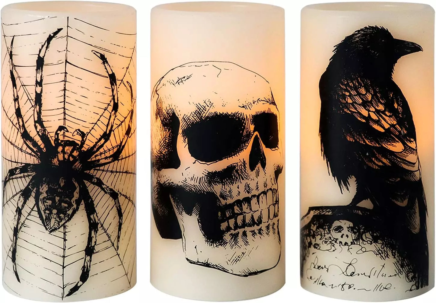 Healthadss ™ Halloween Flickering Candles with Skull, Spider Web, Crow Raven Decals Set of 3