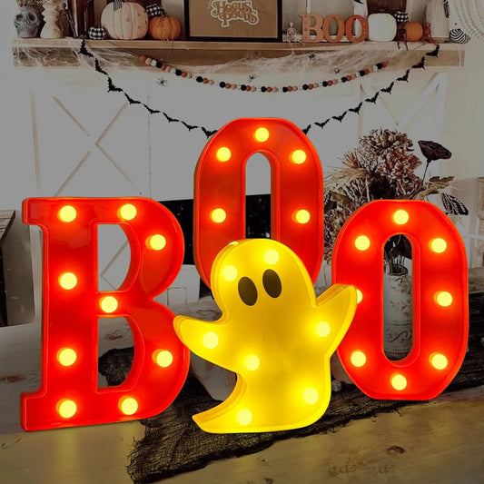 Healthadss ™ Halloween Decorations Indoor,4 LED Light Up Letters Boo and Ghost Marquee Signs for Halloween Kitchen Room Wall Decor, Halloween Marquee Letters for Party