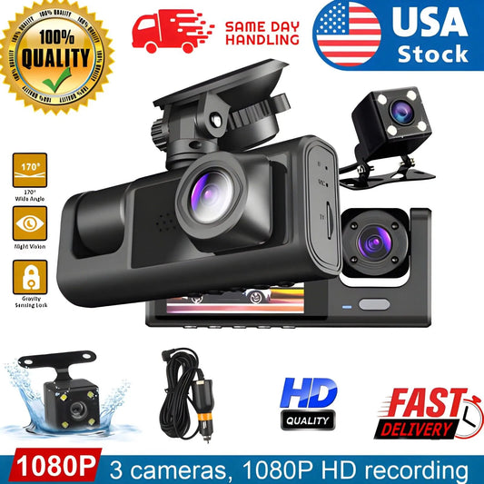 Healthadss ™ HD 1080P Car Dual Lens Dash Cam Front/Rear/Inside Video Recorder Camera G-sensor