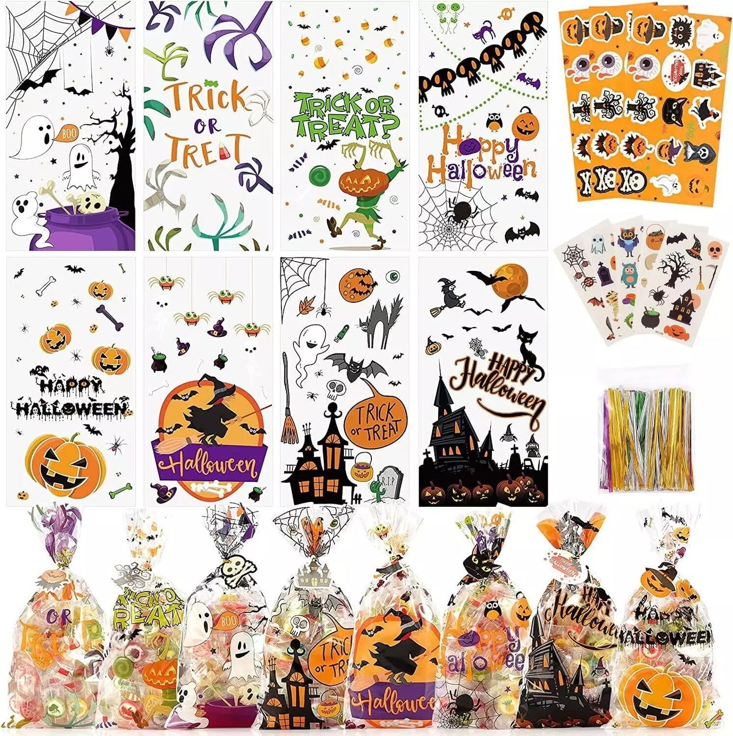 Healthadss ™ Halloween Candy Bags Treats Bags, 200 PCS Halloween Cellophane Bags for Kids Tre