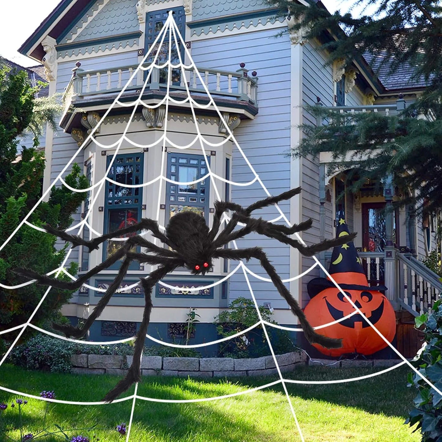 Healthadss ™ 200" Halloween Spider Web + 59" Giant Spider Decorations Fake Spider with Triangular Huge Spider Web for Indoor Outdoor Halloween Decorations Yard Home Costumes Parties Haunted House Décor