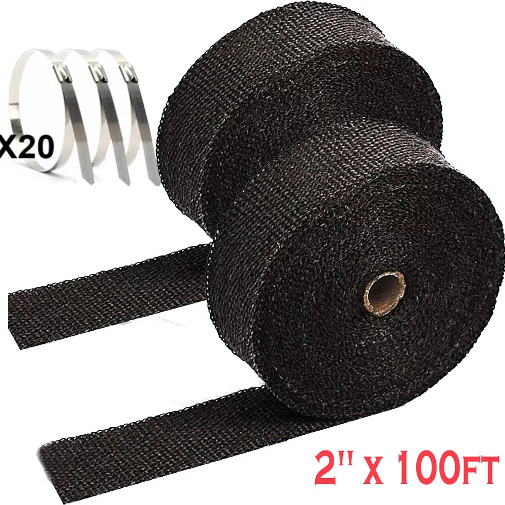 Healthadss ™ 2''x100ft Black Pipe Header Manifold Exhaust Heat Wrap Tape +ties for Motorcycle