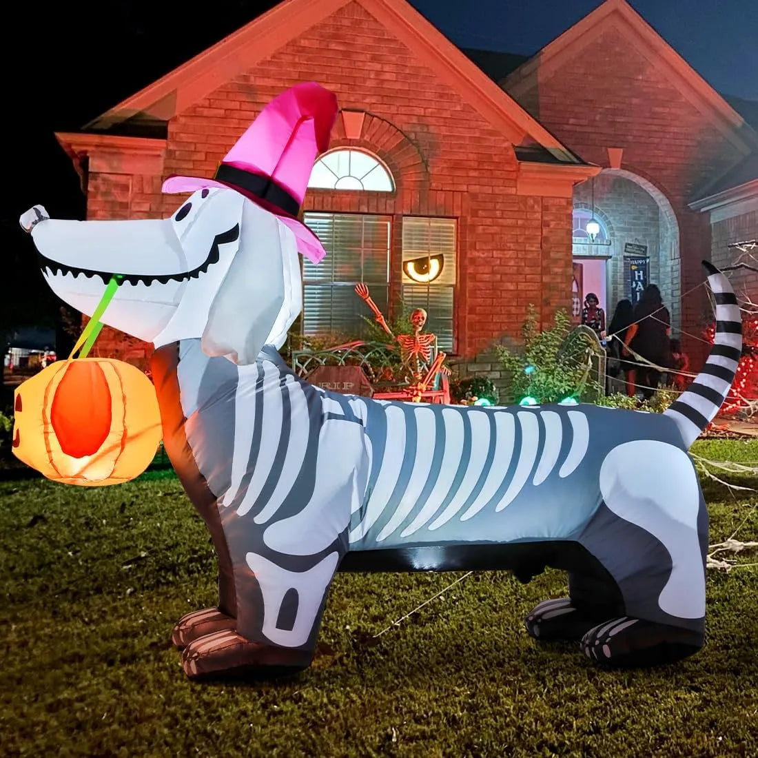 Healthadss ™ 5Ft Halloween Inflatables Outdoor Decorations Skeleton Puppy Inflatable Yard Decoration with Build-in LEDs Blow Up Pumpkin for Halloween Party Indoor Outdoor Yard Garden