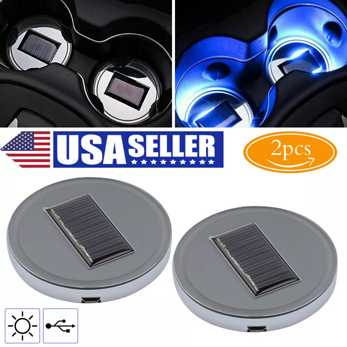 Healthadss ™ 2 pcs LED Solar Cup Pad Car Light Cover Interior Decoration Car Light Accessories