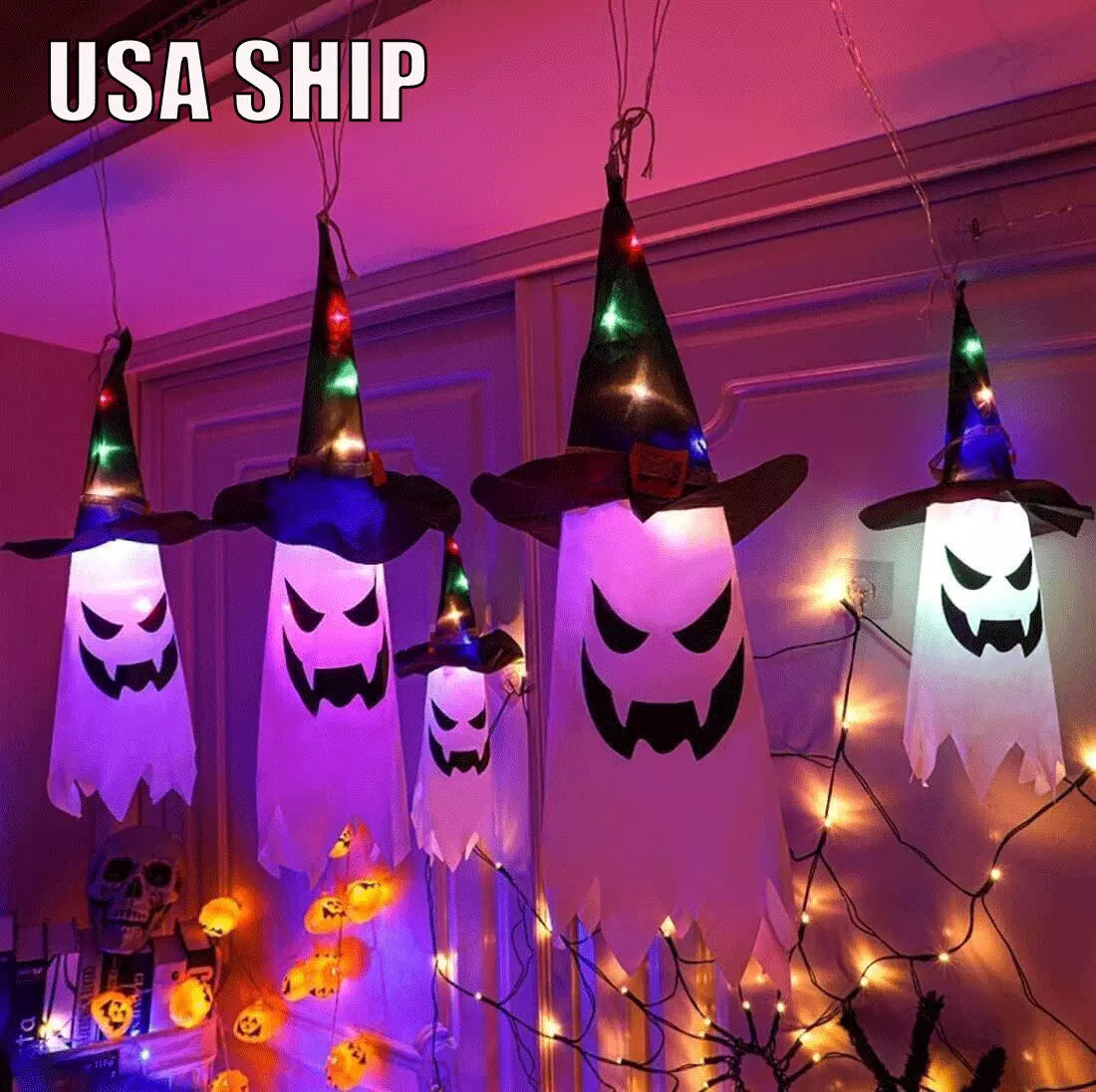 Healthadss ™ 5Pc Halloween Ghost String Light Hanging Witch Hat Decoration Indoor Outdoor LED