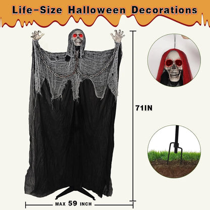 Healthadss ™ 71'' Life Size Halloween Decorations, Halloween Skeleton with Light-Up Eyes & Sound Adjustable Arms Swaying Body Voice/Touch Sensing