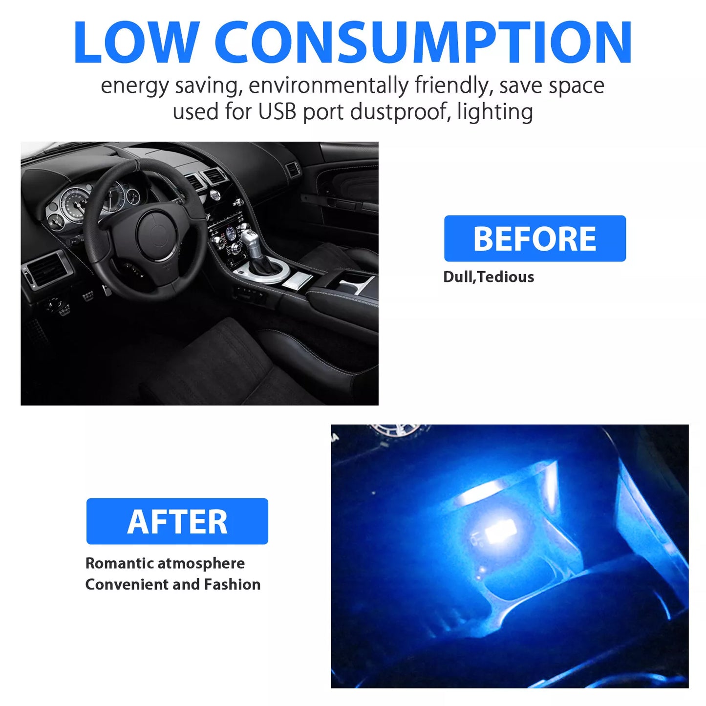 Healthadss ™3x Mini Blue LED USB Car Interior Light Neon Atmosphere Ambient Lamp Accessories