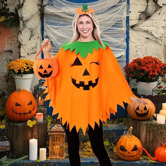 Healthadss ™ 3 PCS Pumpkin Costume for Women,Halloween Pumpkin Poncho for Adults,Halloween Costume for Women with Accessories