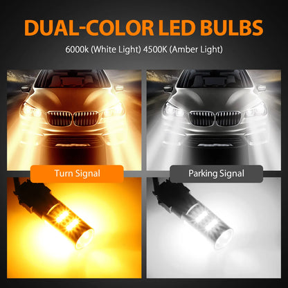 Healthadss ™ 4X Error Free White/Amber 3157 LED DRL Switchback Turn Signal Parking Light Bulb