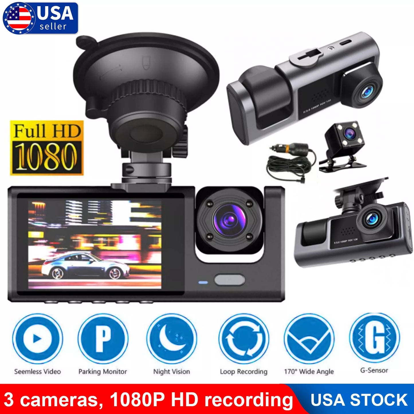 Healthadss ™ HD 1080P Car Dual Lens Dash Cam Front/Rear/Inside Video Recorder Camera G-sensor