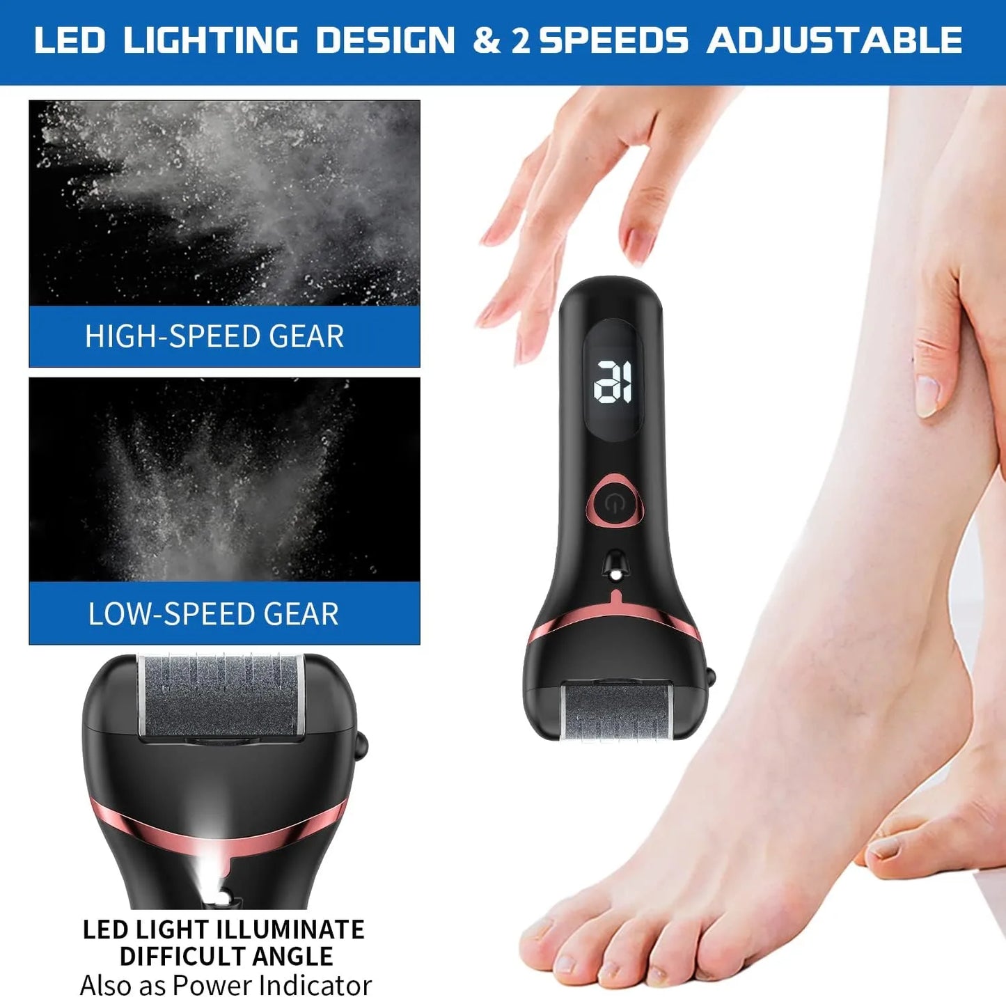 Healthadss ™ Electric Foot Callus Remover, Rechargeable,3 Rollers