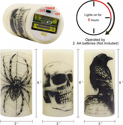 Healthadss ™ Halloween Flickering Candles with Skull, Spider Web, Crow Raven Decals Set of 3