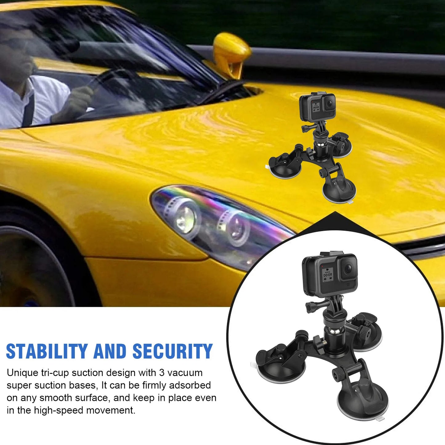 Healthadss ™ Triple Suction Cup Car Holder Mount for GoPro Hero 10 9 8 7 6 5 DJI OSMO Camera