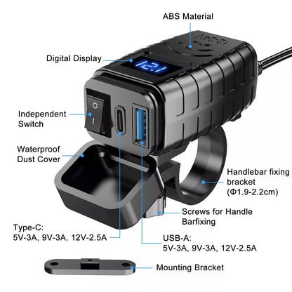 Healthadss ™QC 3.0 Motorcycle Dual USB Phone GPS Super Fast Charger Adapter LED Waterproof