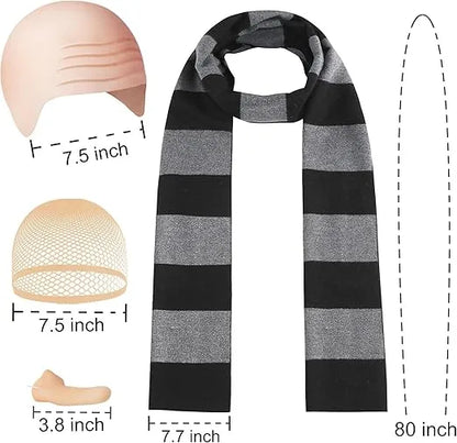 Healthadss ™ 4 Pcs Halloween Costume Accessories for Adult,Black Gray Striped Scarf/Fake Nose/Bald Cap for Men Cosplay Set