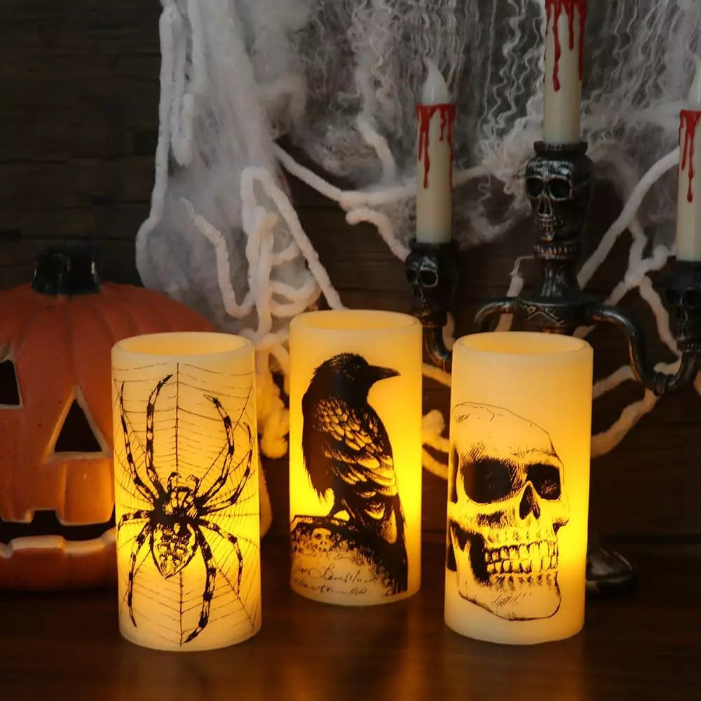 Healthadss ™ Halloween Flickering Candles with Skull, Spider Web, Crow Raven Decals Set of 3