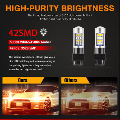 Healthadss ™ 4X Error Free White/Amber 3157 LED DRL Switchback Turn Signal Parking Light Bulb