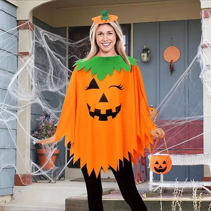 Healthadss ™ 3 PCS Pumpkin Costume for Women,Halloween Pumpkin Poncho for Adults,Halloween Costume for Women with Accessories