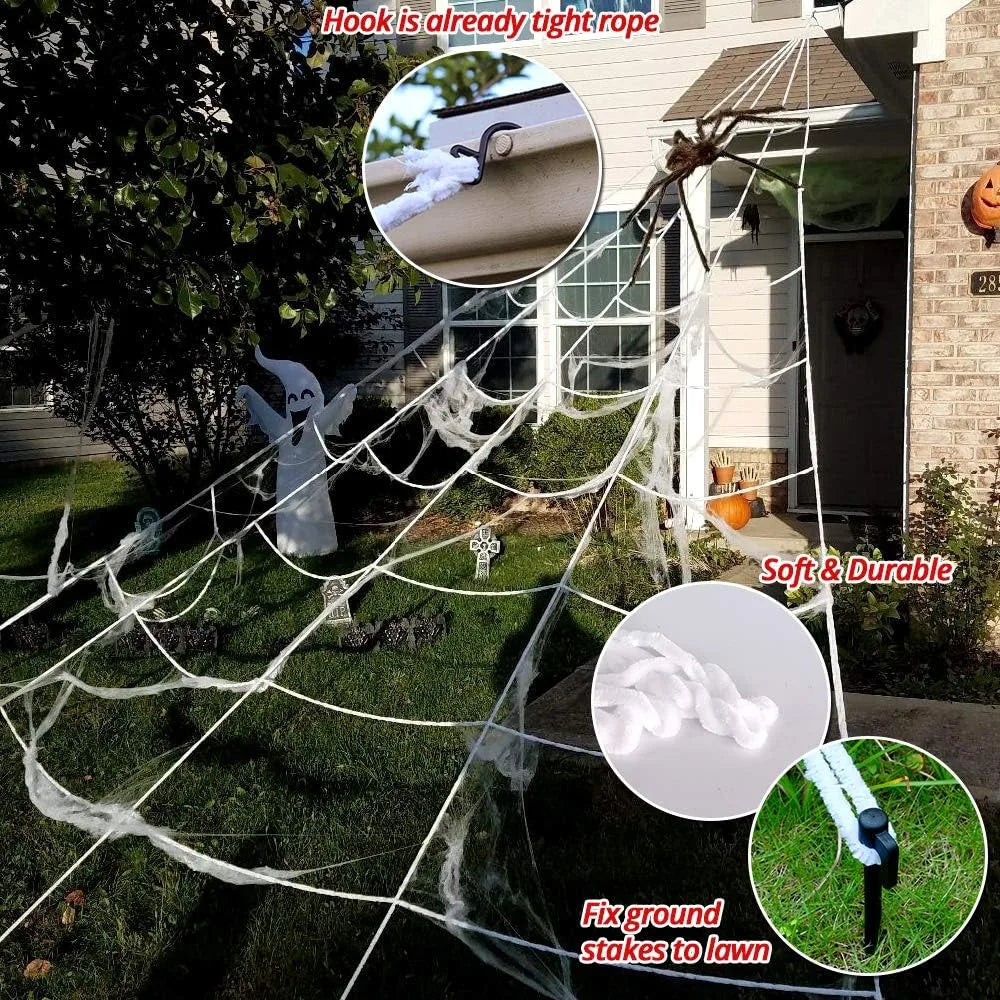 Healthadss ™ 200" Halloween Spider Web + 59" Giant Spider Decorations Fake Spider with Triangular Huge Spider Web for Indoor Outdoor Halloween Decorations Yard Home Costumes Parties Haunted House Décor