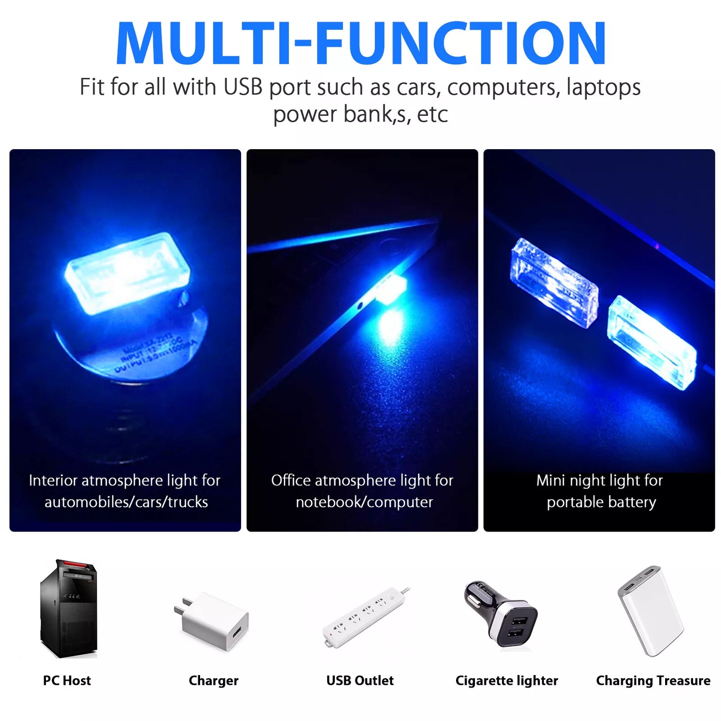 Healthadss ™3x Mini Blue LED USB Car Interior Light Neon Atmosphere Ambient Lamp Accessories