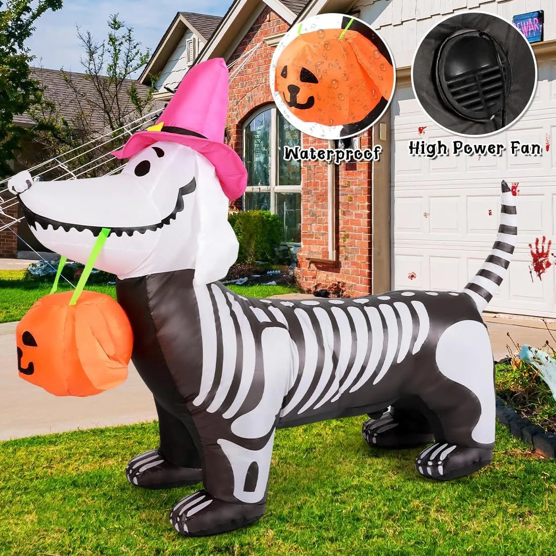 Healthadss ™ 5Ft Halloween Inflatables Outdoor Decorations Skeleton Puppy Inflatable Yard Decoration with Build-in LEDs Blow Up Pumpkin for Halloween Party Indoor Outdoor Yard Garden