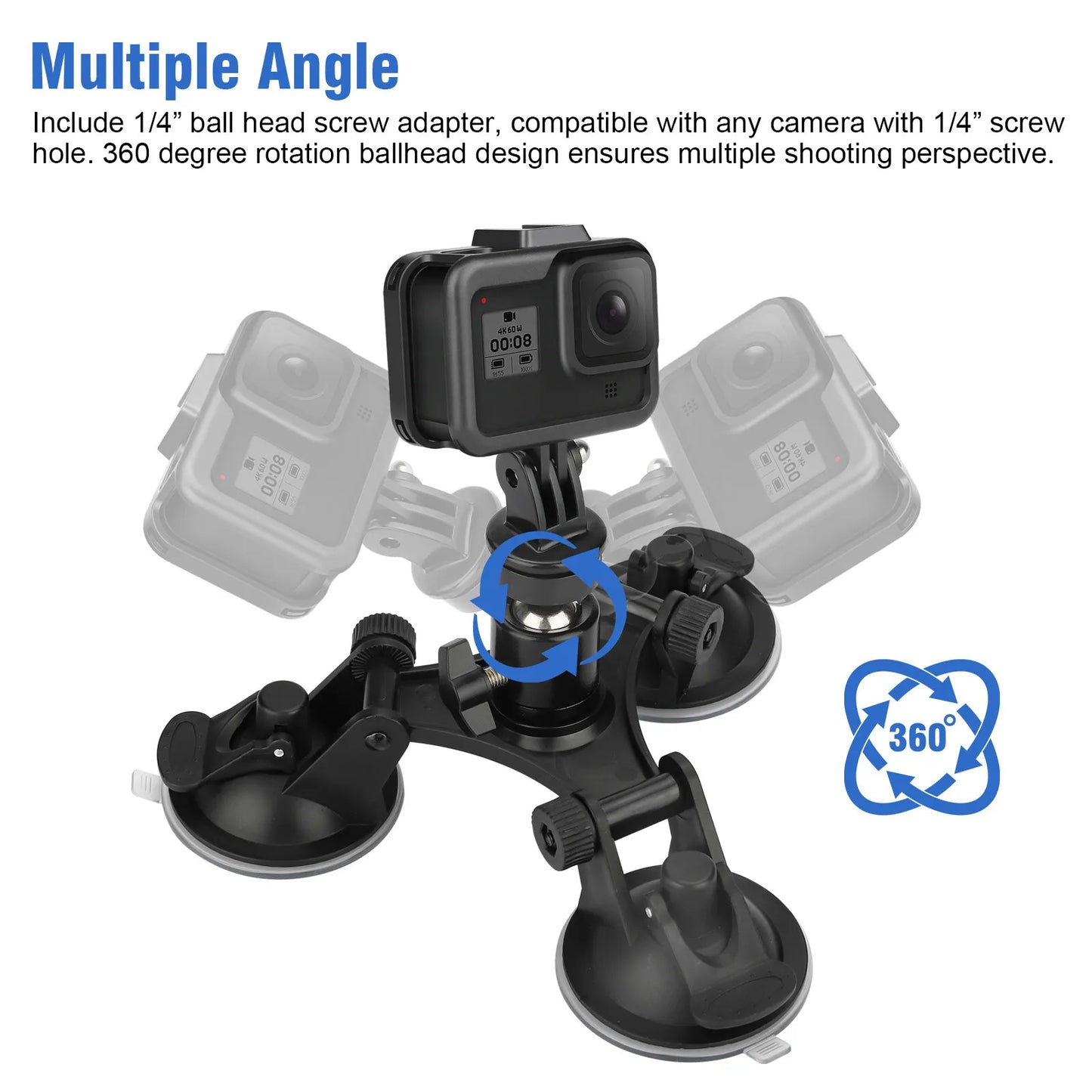 Healthadss ™ Triple Suction Cup Car Holder Mount for GoPro Hero 10 9 8 7 6 5 DJI OSMO Camera