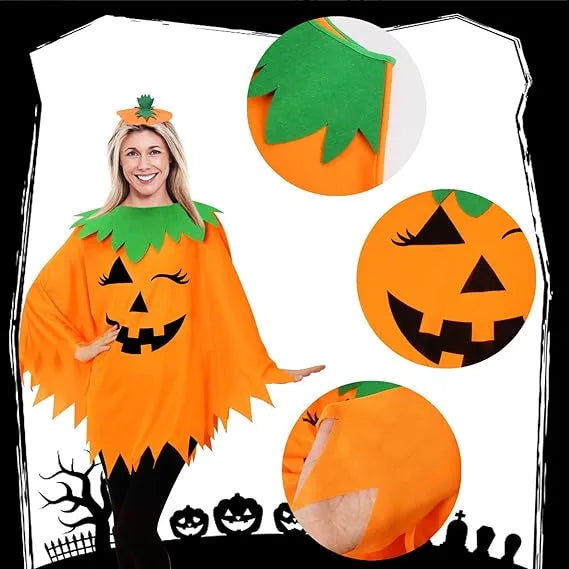 Healthadss ™ 3 PCS Pumpkin Costume for Women,Halloween Pumpkin Poncho for Adults,Halloween Costume for Women with Accessories