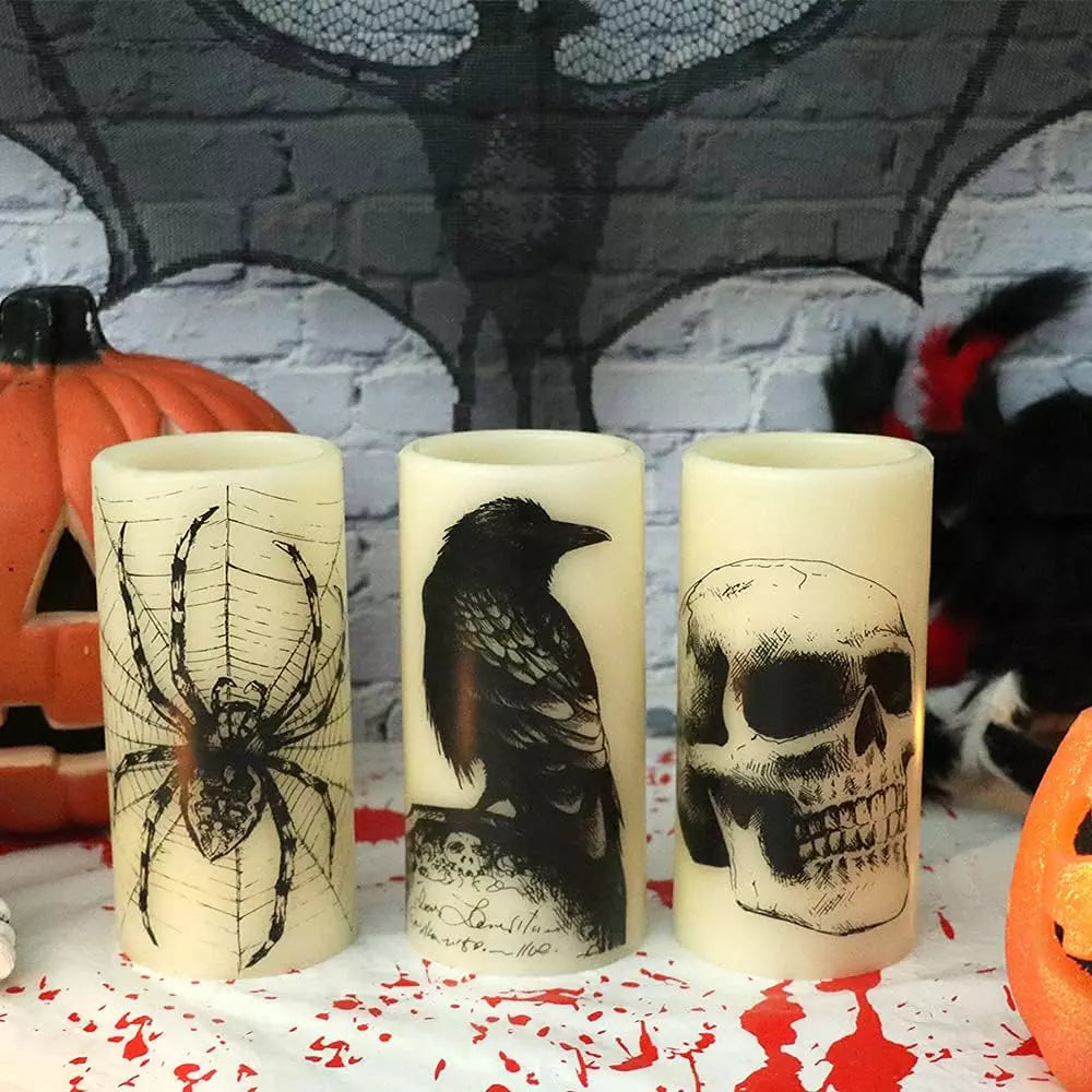 Healthadss ™ Halloween Flickering Candles with Skull, Spider Web, Crow Raven Decals Set of 3