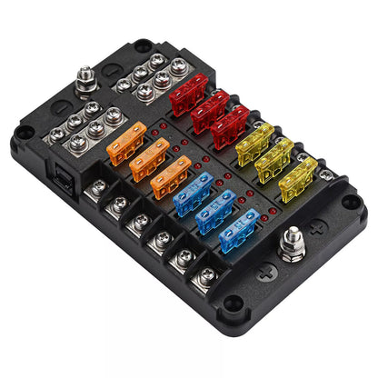 Healthadss ™ 12-Way Blade Fuse Box Block Holder LED Indicator 12V 32V Auto Marine Waterproof