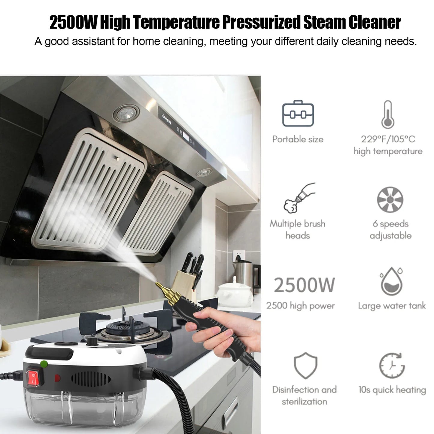 Healthadss ™ 2500W High Temp Pressurized Steam Cleaner Machine Kitchen Portable Handheld B0C6