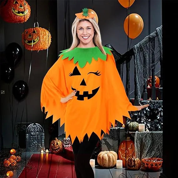 Healthadss ™ 3 PCS Pumpkin Costume for Women,Halloween Pumpkin Poncho for Adults,Halloween Costume for Women with Accessories