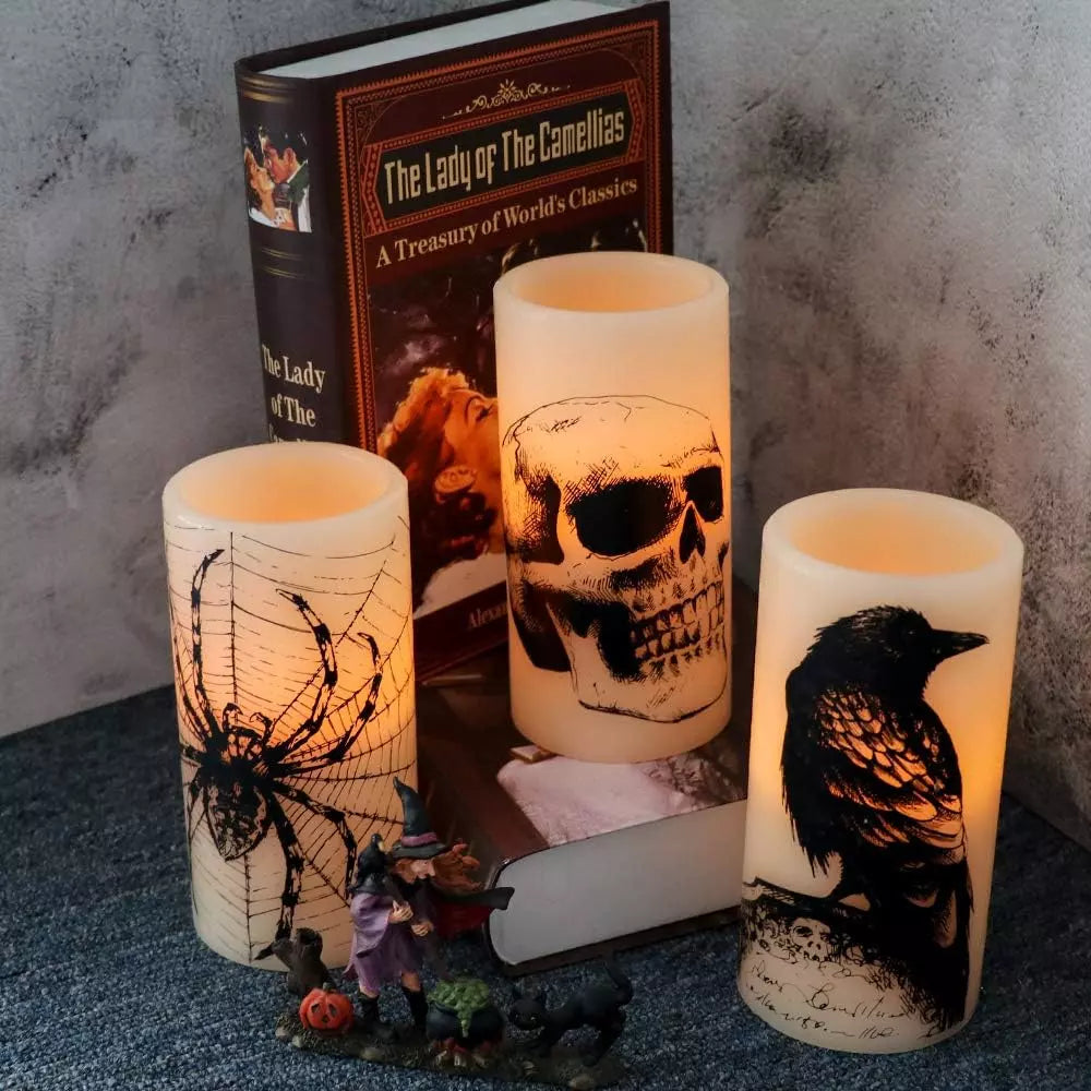 Healthadss ™ Halloween Flickering Candles with Skull, Spider Web, Crow Raven Decals Set of 3