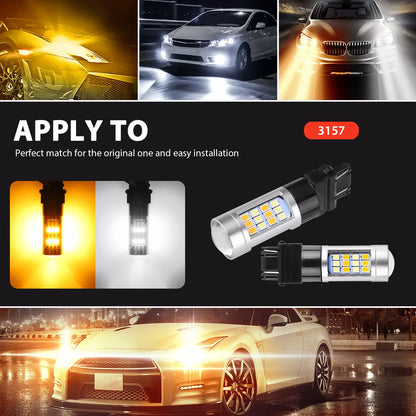 Healthadss ™ 4X Error Free White/Amber 3157 LED DRL Switchback Turn Signal Parking Light Bulb