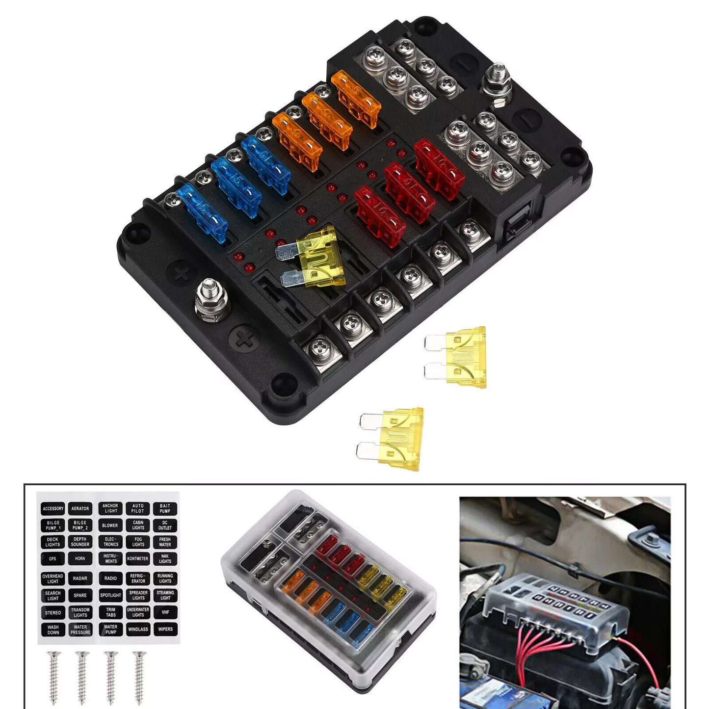 Healthadss ™ 12-Way Blade Fuse Box Block Holder LED Indicator 12V 32V Auto Marine Waterproof