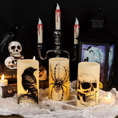 Healthadss ™ Halloween Flickering Candles with Skull, Spider Web, Crow Raven Decals Set of 3