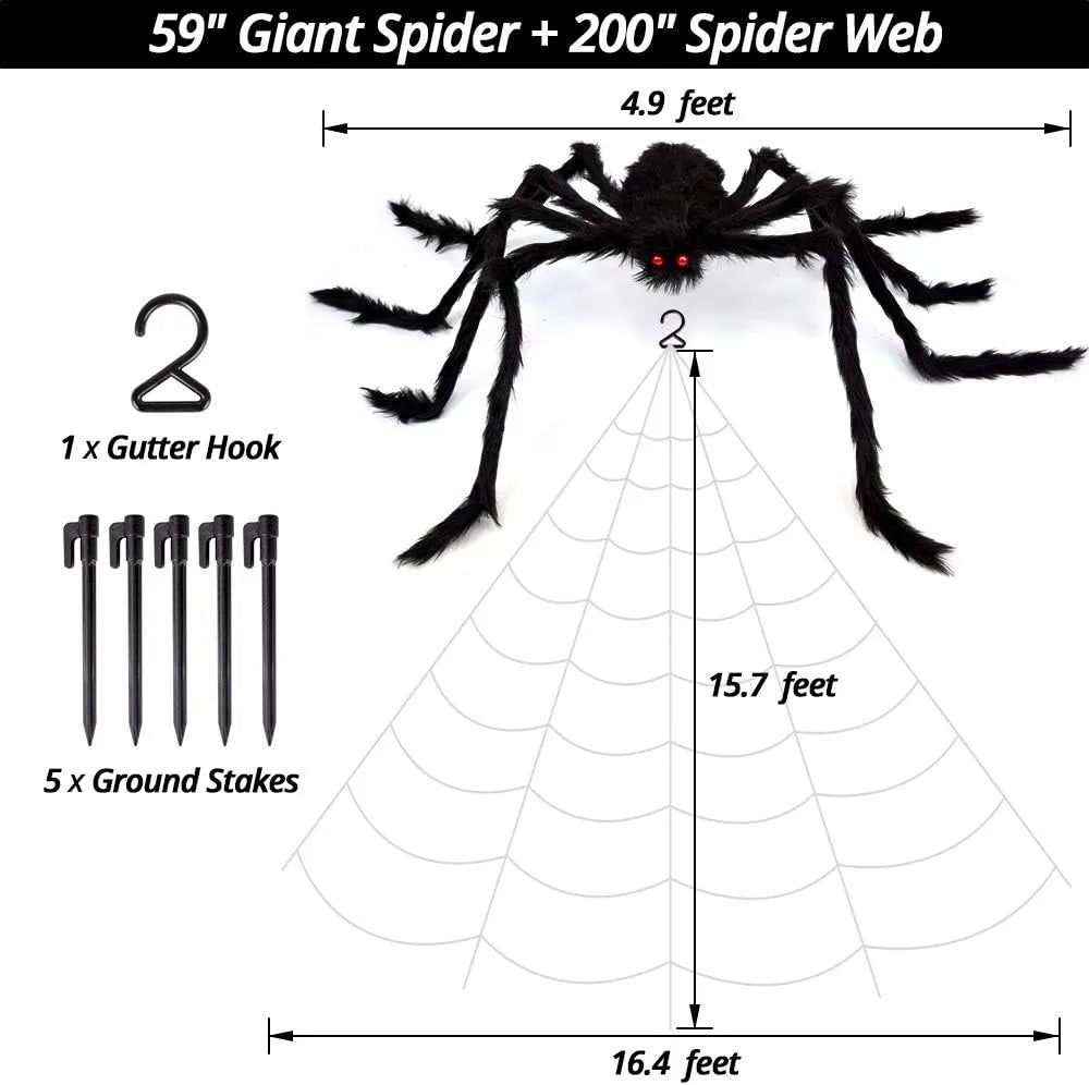 Healthadss ™ 200" Halloween Spider Web + 59" Giant Spider Decorations Fake Spider with Triangular Huge Spider Web for Indoor Outdoor Halloween Decorations Yard Home Costumes Parties Haunted House Décor