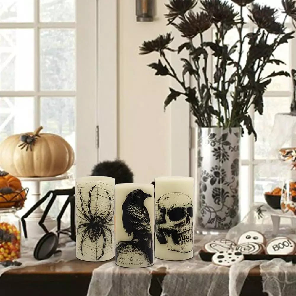 Healthadss ™ Halloween Flickering Candles with Skull, Spider Web, Crow Raven Decals Set of 3