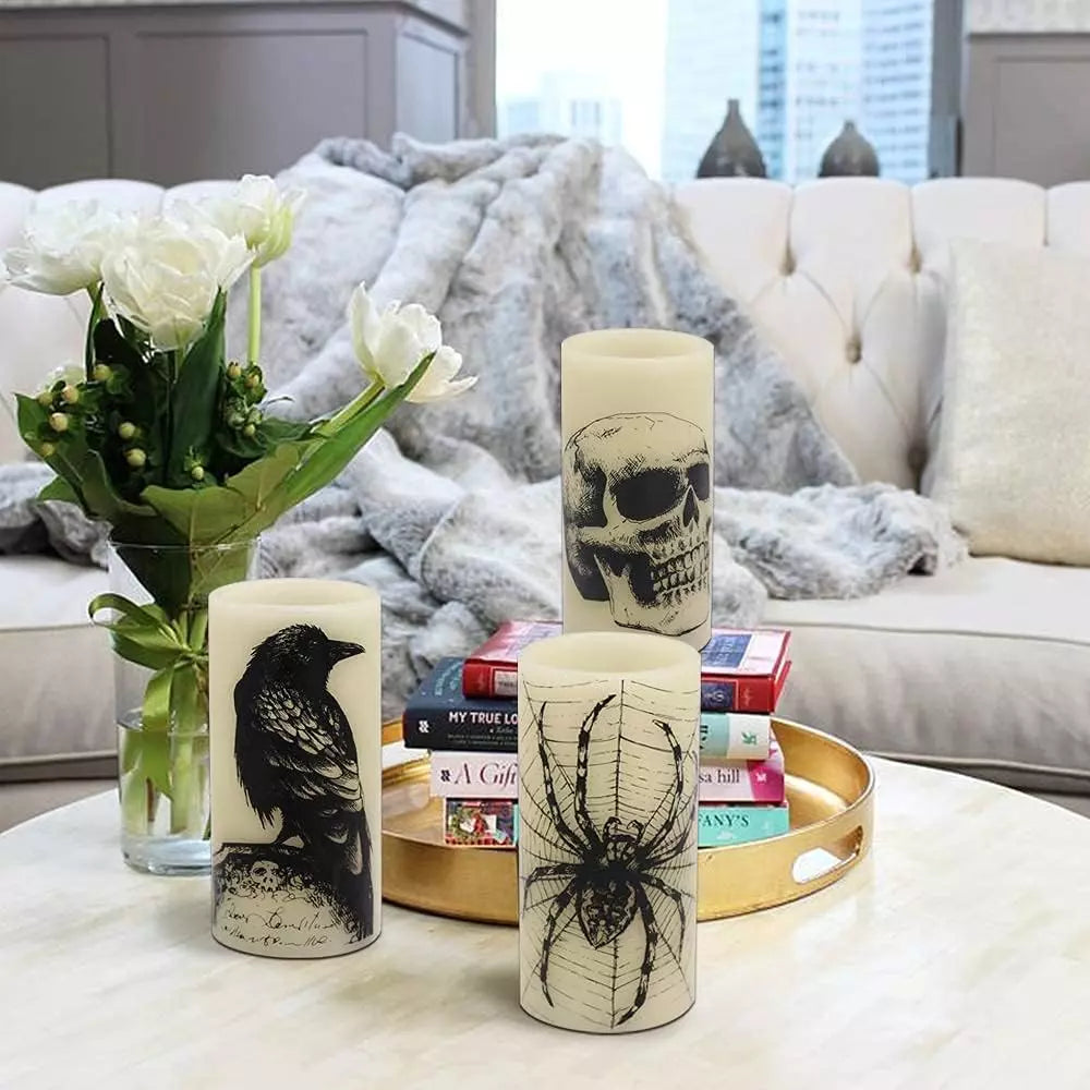 Healthadss ™ Halloween Flickering Candles with Skull, Spider Web, Crow Raven Decals Set of 3