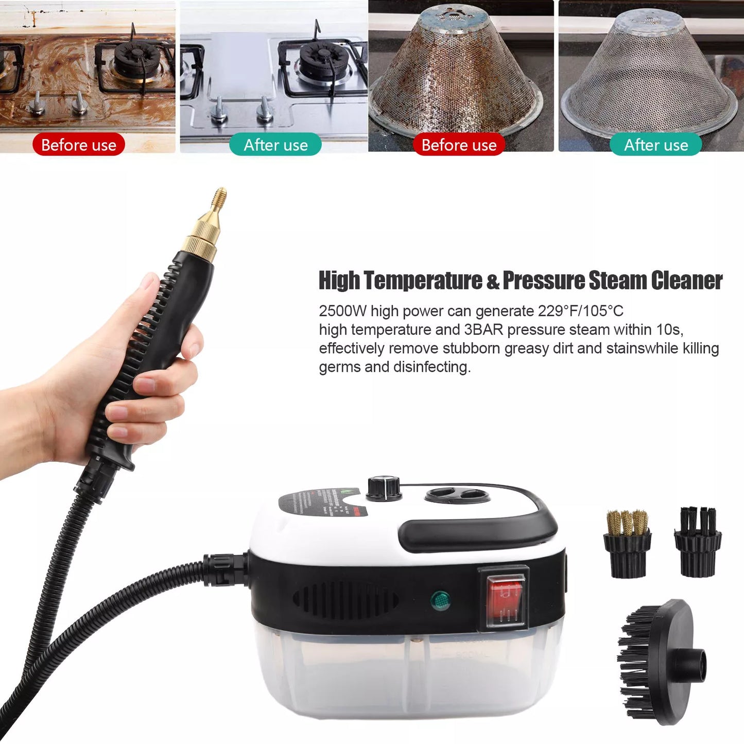 Healthadss ™ 2500W High Temp Pressurized Steam Cleaner Machine Kitchen Portable Handheld B0C6