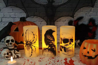 Healthadss ™ Halloween Flickering Candles with Skull, Spider Web, Crow Raven Decals Set of 3